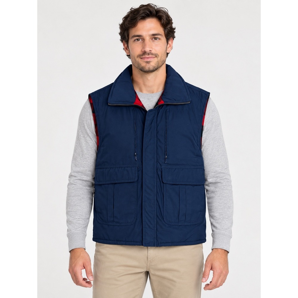 St Johns Bay Mens Navy Blue Utility Vest Red Buffalo Plaid Flannel Lined Medium